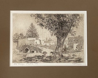 Charles K. Gleeson Etching, 1910s Antique Print, Mexican Landscape "Old Bridge Puebla Mex" Pencil Signed Original Etching