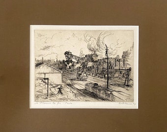 Gravure Charles K. Gleeson, gravure ancienne des années 1910, gravure originale signée au crayon « Le Chemin de Fer » Paris industrielle