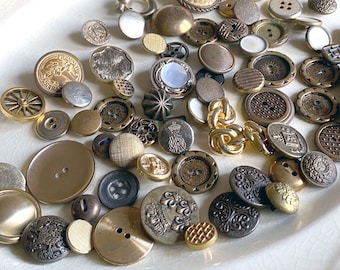 68 Vintage Brass Buttons, Shield, Textured, Shiny, Blazer, and Coat Buttons, Sewing or Craft Supplies