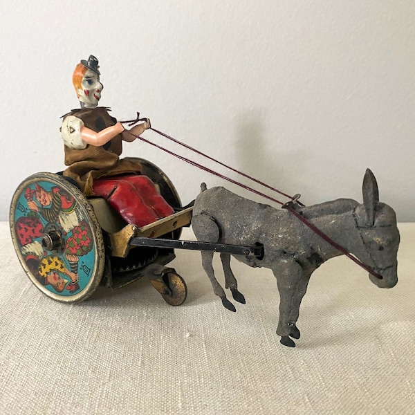 Antique Tin Clown, German Lehman Wind-up Toy, Balky Mule Cart, Early 1900s