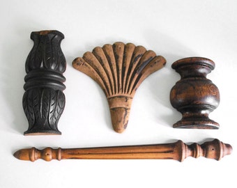 Carved Wood Pieces, Architectural Salvage, Rustic Decor, Furniture Fragments, Vintage Wall Hanging, Assemblage Supplies, Hand Carved Wood