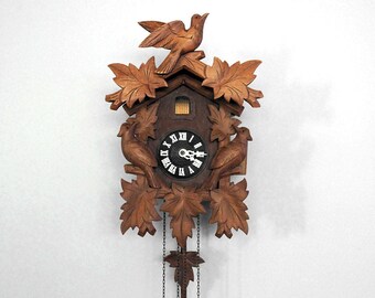 Bird Cuckoo Clock, Black Forest West Germany, 1960s Carved Wood Clock, Regula Clock, Rustic Home Decor, Cabin Chic, Wood Wall Clock