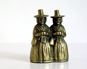 Vintage Brass Bell of Welsh Costumed Lady, Gemini Twins Knitting Women in Folk Costumes