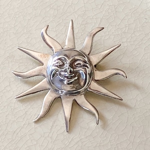 Silver Sun Brooch, Vintage Sterling Silver Mexican Jewelry / Pin