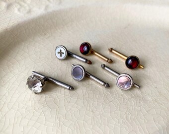 Vintage Tuxedo Shirt Studs, Destash Lot of Six Pipestem Buttonhole Studs, Swank Red Cabochon, Mother of Pearl