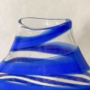 Studio Blown Glass Vase, Vintage Blue Striped Glass Vase image 5