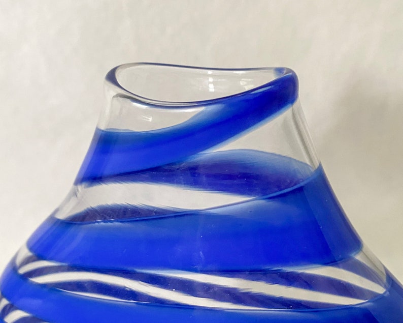 Studio Blown Glass Vase, Vintage Blue Striped Glass Vase image 5