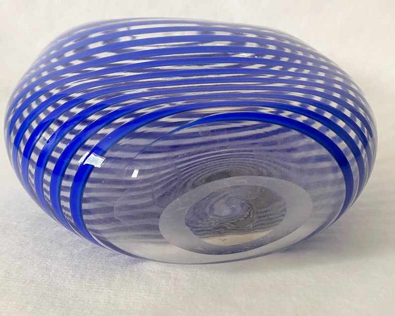 Studio Blown Glass Vase, Vintage Blue Striped Glass Vase image 9