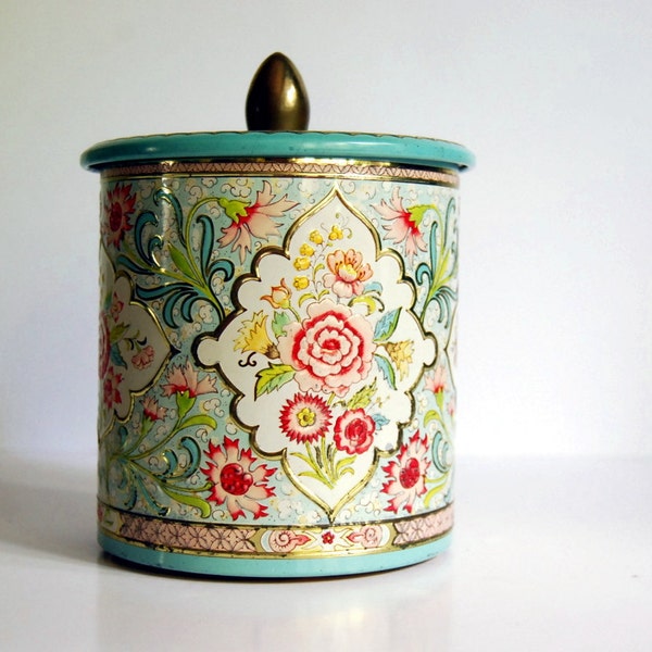 Vintage Tin Canister Mint Green and Pink Floral Embossed Container Made in Holland