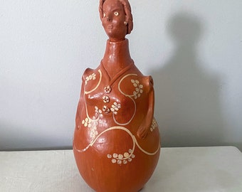 Terracotta Clay Sculpture Jug, Vintage Brazilian Woman Pitcher, Handpainted Pottery, South American Folk Art