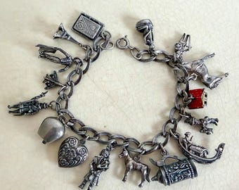 1960s Sterling Silver Charm Bracelet, 16 Vintage Travel Charms