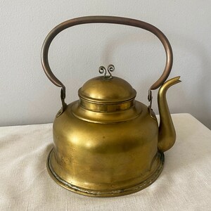 brass tea kettle, teapot, primitive, northern european, rustic home decor, metal, vintage, antique, shabby chic decor, country home decor,