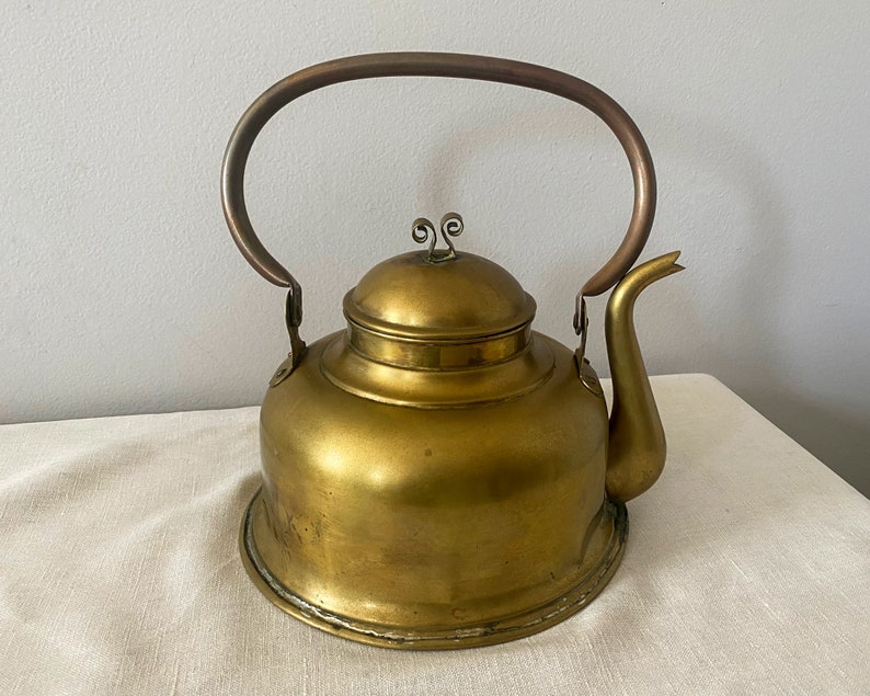 brass tea kettle, teapot, primitive, northern european, rustic home decor, metal, vintage, antique, shabby chic decor, country home decor,
