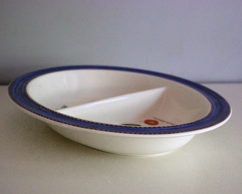 Queen/'s Ware Blue Vegetable Bowl Sarah/'s Garden Earthenware English China Fruit and Butterflies Wedgwood Divided Serving Bowl