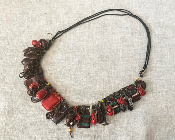 African Leather Necklace, Vintage Tuareg Tribal A… - image 1