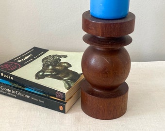 Turned Wood Candleholder, Vintage Scandinavian Modern Teak Pillar Candlestick