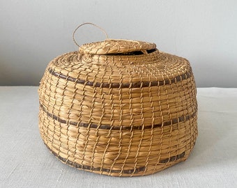 Vintage Coiled Basket, Handmade Grass and Bark Basket, Lidded