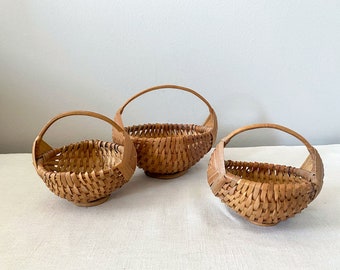 Splint Wood Melon Baskets, 3 Vintage God's Eye Pattern Gathering Baskets or Egg Baskets