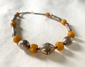 African Tuareg Necklace, Vintage Jewelry, Engraved and Repousse Silver with Faux Amber Resin Beads