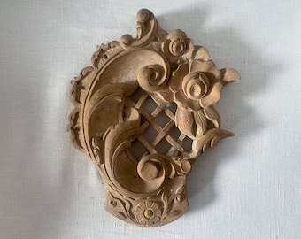 Baroque Wood Carving, Antique Brazilian Wood Plaque, Architectural Salvage Fragment with Flowers