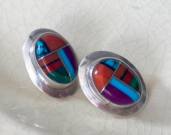 Southwest Style Earrings, Vintage Multistone Silver Stud Earrings
