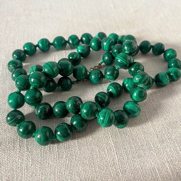 Vintage Malachite Necklace, 31.5 inches, Natural Stone Beads 9 - 10 mm, African Jewelry