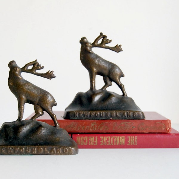 Vintage Bookends Caribou Newfoundland 1920s Antique Book Ends Bronze Metal Decor Animal Desk Accessories Man Cave Library Supplies