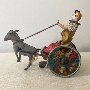 Antique Tin Clown, German Lehman Wind-up Toy, Balky Mule Cart, Early 1900s image 2