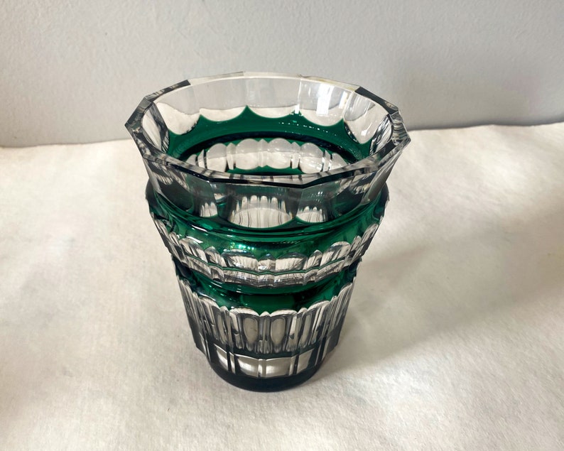 Vase Val Saint-Lambert en cristal, vase vintage Art Déco en verre doublé vert et transparent, Boléro par Charles Graffart image 4