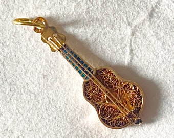 19K Gold Portuguese Guitar Charm, Vintage 3D Fado Guitar, 800 Gold Filigree with Enamel