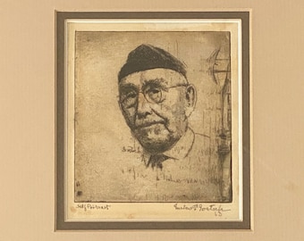 Gustav Goetsch Etching, Vintage Self-Portrait, Framed Artwork
