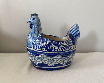 Mexican Pottery Planter, Vintage Heavy, Hand Painted Blue and White Chicken or Rooster Pot