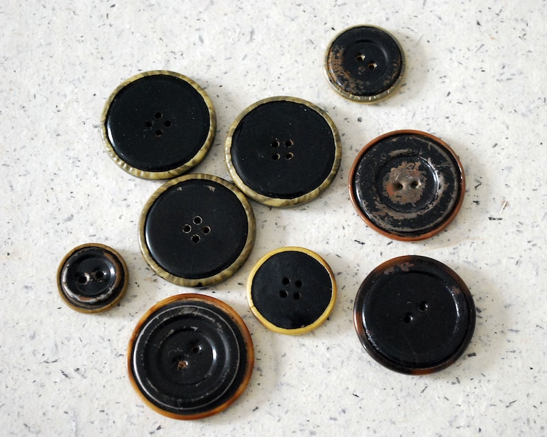 9 Celluloid Tight Top Buttons Vintage Brown and Gold Button Lot Sewing or Craft Supplies