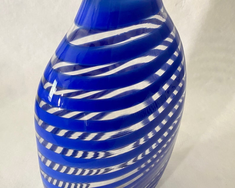 Studio Blown Glass Vase, Vintage Blue Striped Glass Vase image 6