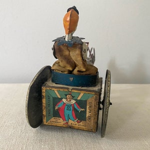 Antique Tin Clown, German Lehman Wind-up Toy, Balky Mule Cart, Early 1900s image 6