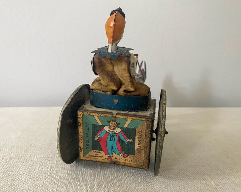 Antique Tin Clown, German Lehman Wind-up Toy, Balky Mule Cart, Early 1900s image 6