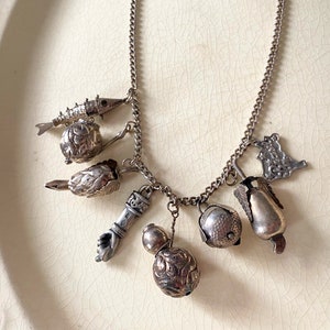 Brazilian Silver Charm Necklace, Vintage Amulets, Figa, Fish, Map, Fruit, Gourd, Pineapple