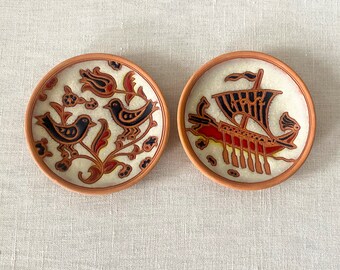 Greek Pottery Dishes, Vintage Pair of Terracotta Enameled Plates from Bonis Pottery, Rhodes