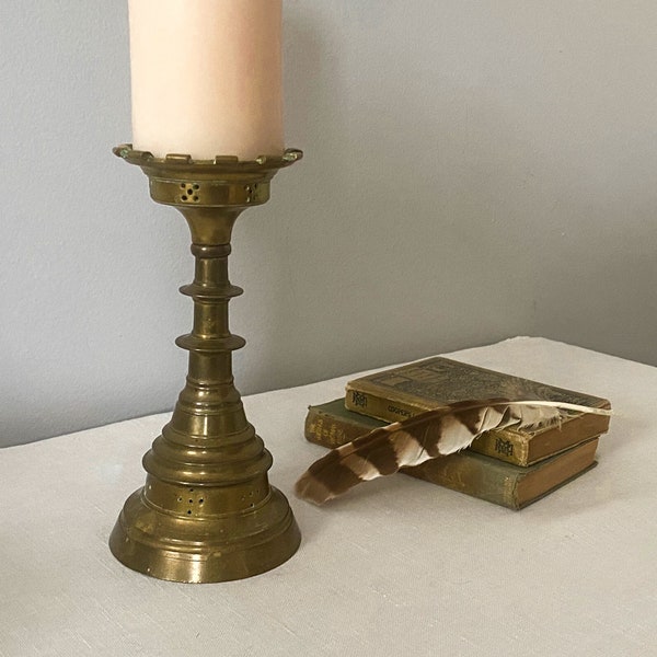 Church Altar Candlestick, Antique Pierced Brass Gothic Revival Candle Holder, 11.75 inches tall