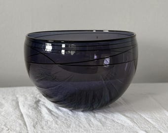 Vintage Hand Blown Glass Bowl, Smoky Gray with Black Stripe
