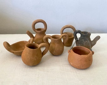 Miniature Earthenware Pottery, Vintage Set of 7 Rustic Brazilian Pots, Handmade Folk Art