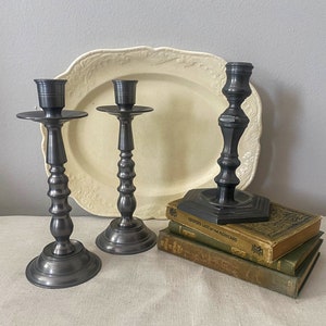 Pewter Candle Holders, 3 Vintage Taper Candlesticks, Early American / Traditional Style