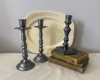 Pewter Candle Holders, 3 Vintage Taper Candlesticks, Early American / Traditional Style