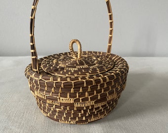 Pine Needle Basket, Vintage Handmade Rustic Lidded Basket, Native American Style Coiled Basket