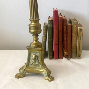 Brass Altar Candlestick, Antique French Column Candle Holder with Jesus, Mary, and Joseph, 19 inches tall