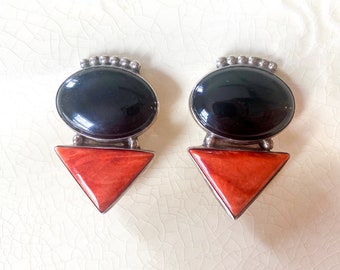 Onyx and Coral Earrings, Vintage Native American Sterling Silver Clip-On Earrings