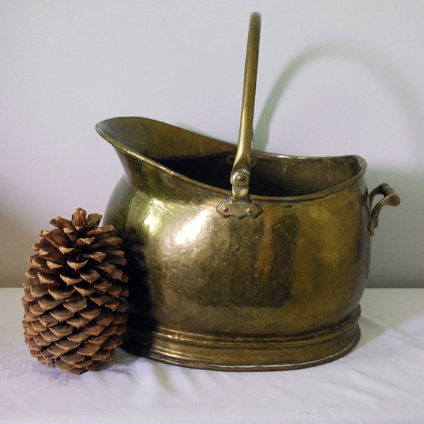 Brass Coal Scuttle, Antique Fireplace Bucket, Primitive Rustic Home Decor, Firewood Log Storage, Victorian Hammered Brass, Planter