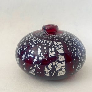 Studio Art Glass Vase, Vintage Hand Blown Glass Vase, Cranberry Red with Silver Foil