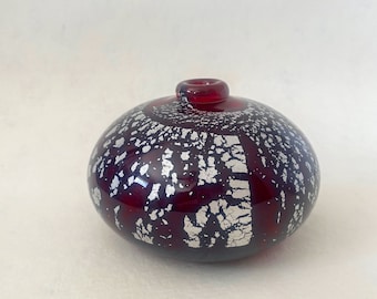 Studio Art Glass Vase, Vintage Hand Blown Glass Vase, Cranberry Red with Silver Foil
