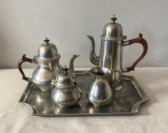 Pewter Tea Set, Vintage John Somers Brazil Coffee Pot, Teapot, Sugar and Cream Set, Tray, Coffee and Tea Service